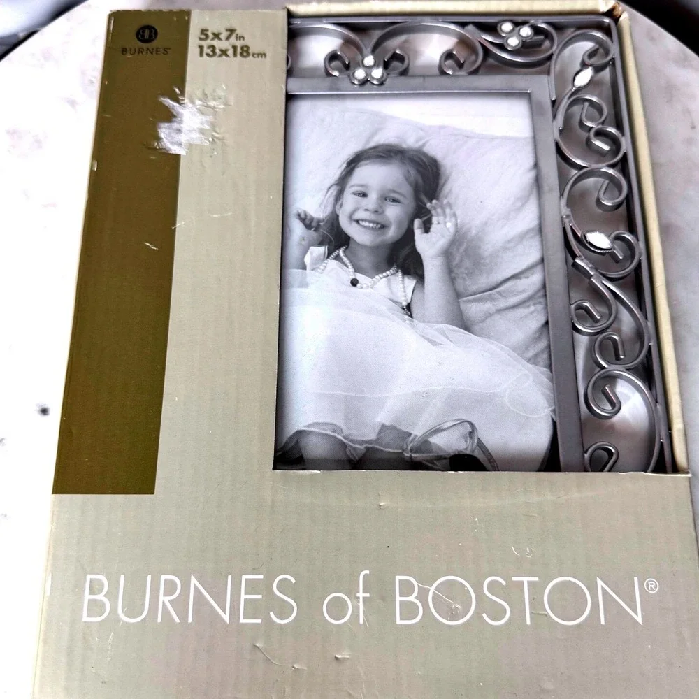 New Burnes of Boston 5x7 Picture Frame Pewter Scroll‎ Crystal Accents 490457 New
